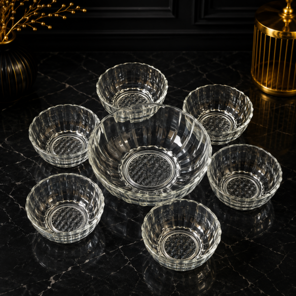 Lyra Elegant Glass Pudding Set: 1 Large Bowl and 6 Small Bowls, clear crystal glass bowl set l Under 300