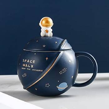 Astronaut Coffee Mug with Lid & Spoon| Embossed Planet Mug | Space Mug, Ceramic, 3D Creative Astronaut Universe Planet | Leak Proof | Portable (Astronaut - Dark Blue, Capacity - 400 ML)
