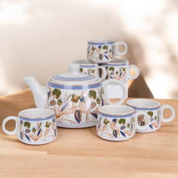 Handcrafted Ceramic Botanic Gold Teapot Cup Set - 1 Kettle (1 Litre) & 6 Cups (160 ML), Microwave & Dishwasher Safe | Morning Set | Tea Sets with Kettle for Gifting