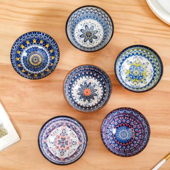 Ceramic Mandala Snack Bowls Set of 6 (300 ml Each) - Multicolour Microwave Safe Side Bowls for Serving Noodles, Ramen, Soups or Curries - Ideal for Gifting