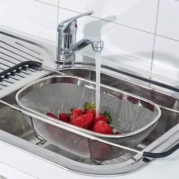 Stainless Steel Expandable Sink Colander Strainer with Rubber Grip Handles, Over Sink Adjustable Drainer Basket for Fruits, Vegetables, Pasta, Rice, Heavy Duty Fine Mesh Kitchen Strainer