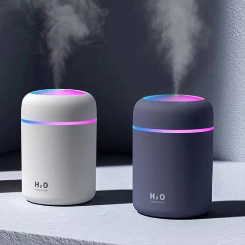 H2O Mini Ultrasonic Cool Mist Humidifier with LED Night Light, Portable USB Air Humidifier & Aroma Diffuser for Home, Bedroom, Office & Car – White & Gray l Under 200