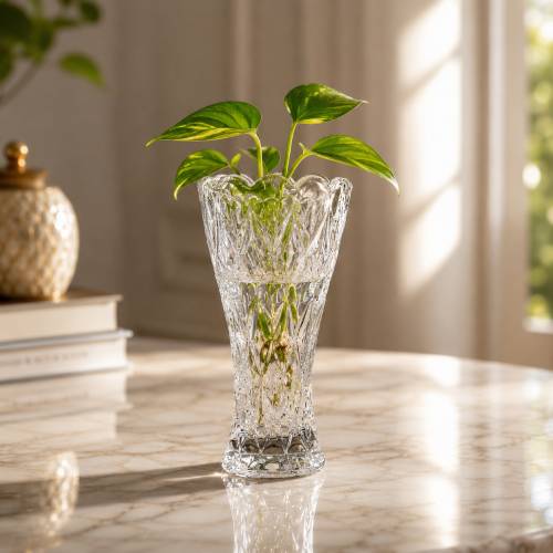 Transparent Crystal-Style Cut Glass Flower Vase with Scalloped Rim | Decorative Table Vase for Fresh, Artificial & Dried Flowers | Elegant Home & Office Desk Decor l Under 200