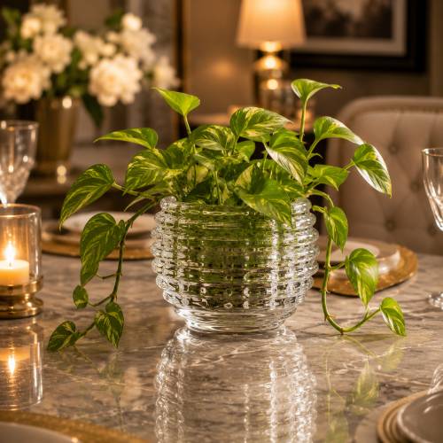 Round Ribbed Glass Vase 9.5 cm Diameter × 7 cm Height | Transparent Decorative Vase for Flowers, Creepers & Indoor Plants | Tabletop Home & Office Decor l Under 200