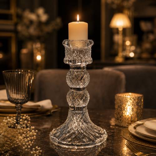 Transparent Crystal-Look Glass Candle Holder for Pillar Candles | Elegant Decorative Candle Stand for Dining Table, Living Room & Home Decor l Under 200