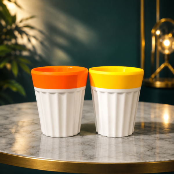 Set of 2 Melamine Tea Glasses – Yellow & Orange | 8 cm Height, 7 cm Diameter | Lightweight & Durable Chai Cups | Under 200