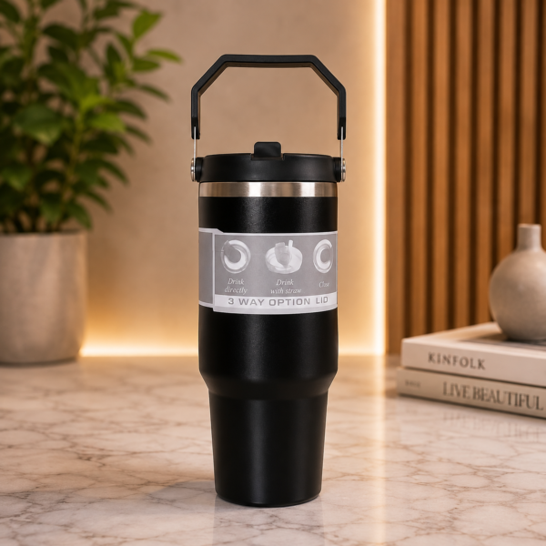 Black Color | 900ml Stainless Steel Vacuum Insulated Mat FinishTumbler with Handle & Straw | Double Wall Leakproof Hot & Cold Drink Tumbler | Under 500