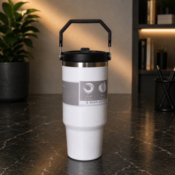 White Color | 900ml Stainless Steel Vacuum Insulated Mat FinishTumbler with Handle & Straw | Double Wall Leakproof Hot & Cold Drink Tumbler | Under 500