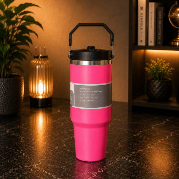 Pink Color | 900ml Stainless Steel Vacuum Insulated Mat FinishTumbler with Handle & Straw | Double Wall Leakproof Hot & Cold Drink Tumbler | Under 500