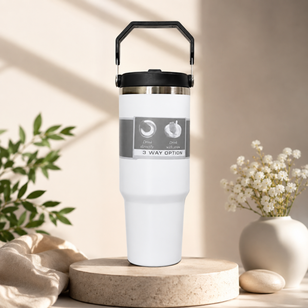 White Color | 900ml Stainless Steel Vacuum Insulated Mat FinishTumbler with Handle & Straw | Double Wall Leakproof Hot & Cold Drink Tumbler | Under 500