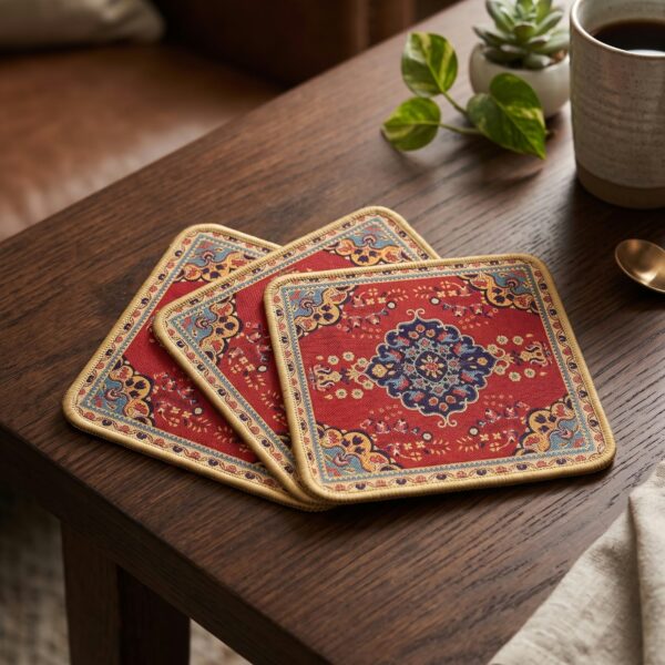 Traditional Printed Dining Table Square Shape Mats Set of 6 – Red Floral Design, 18 × 18 cm l Under 300