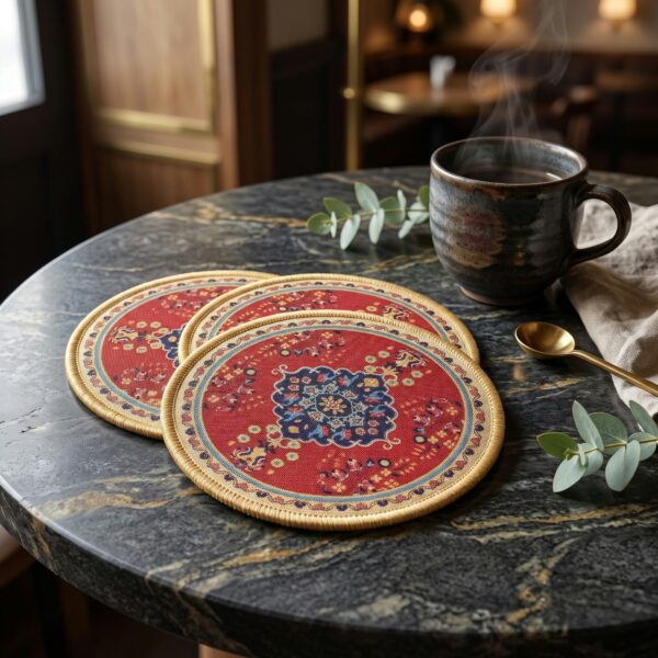Traditional Printed Dining Table Round Shape Mats Set of 6 – Red Floral Design, 18 × 18 cm l Under 300